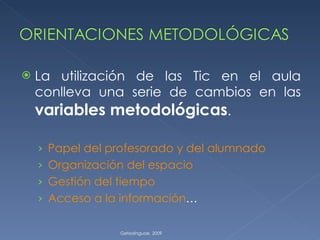 La utilización de las Tic en el aula conlleva una serie de cambios en las  variables metodológicas . Papel del profesorado y del alumnado Organización del espacio Gestión del tiempo Acceso a la  información … Getxolinguae. 2009 