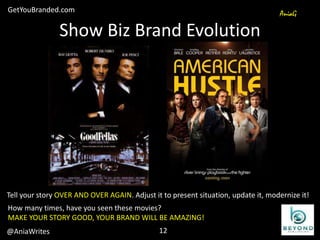 Show Biz Brand Evolution
Tell your story OVER AND OVER AGAIN. Adjust it to present situation, update it, modernize it!
@AniaWrites
GetYouBranded.com AniaG
How many times, have you seen these movies?
MAKE YOUR STORY GOOD, YOUR BRAND WILL BE AMAZING!
12
 