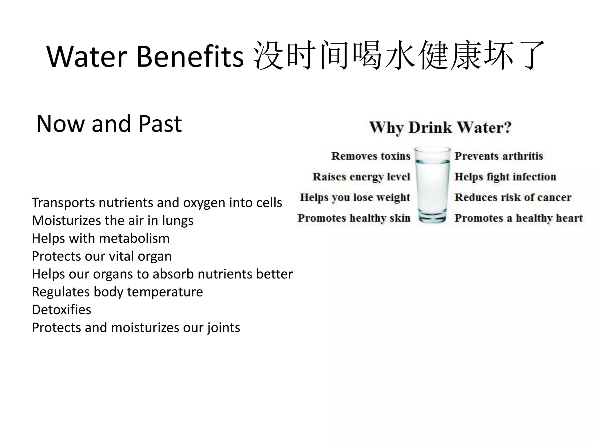 Water Benefits 没时间喝水健康坏了
Now and Past
Transports nutrients and oxygen into cells
Moisturizes the air in lungs
Helps with metabolism
Protects our vital organ
Helps our organs to absorb nutrients better
Regulates body temperature
Detoxifies
Protects and moisturizes our joints
 