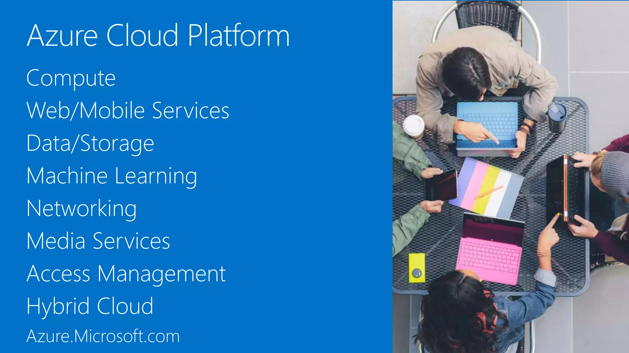 Compute
Web/Mobile Services
Data/Storage
Machine Learning
Networking
Media Services
Access Management
Hybrid Cloud
Azure.Microsoft.com
 