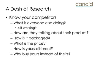 KNOW YOUR COGS!!!Include raw materials, packaging, production costs and labor.Gross Profit = Selling Price – COGSGross Margin = Gross Profit / Selling PriceWholesale gross margin should be 40-60%Pricing - Wholesale