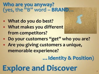 A Dollop of MarketingUse technologyCost effectiveBuild a great web site Spend the money on CMS – it will be worth itExtension of your brand – bring it to life online!Simple, easy to navigateMake it interactive Use social mediaBut use it wisely!Communicate with your customersEmail blastsNewsletters 