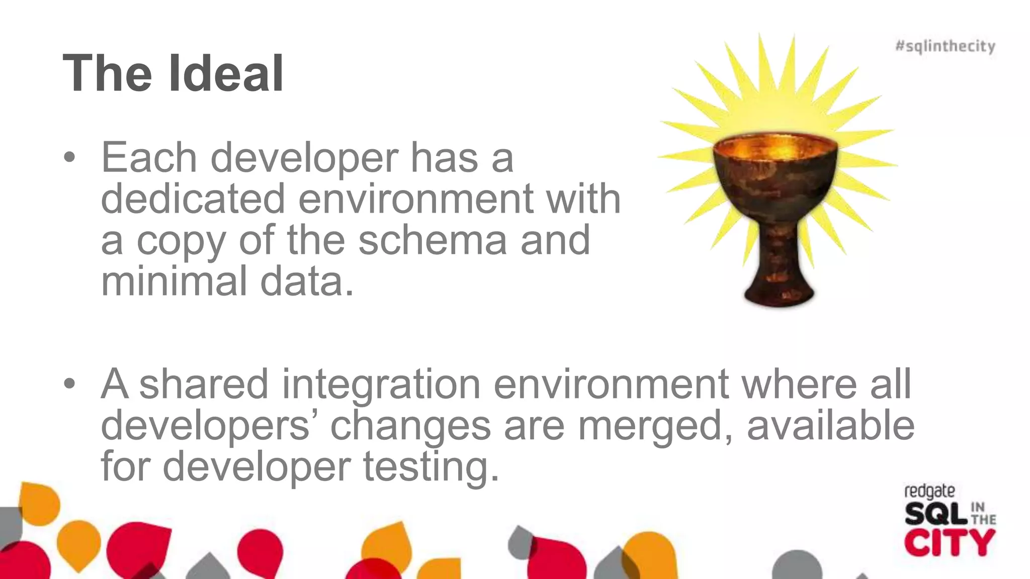 The Ideal 
• Each developer has a 
dedicated environment with 
a copy of the schema and 
minimal data. 
• A shared integration environment where all 
developers’ changes are merged, available 
for developer testing. 
 