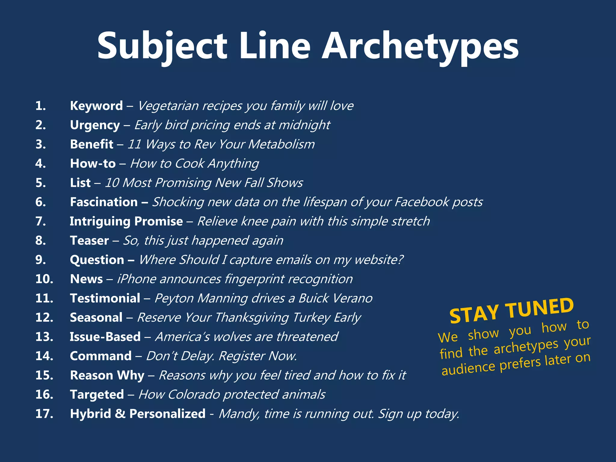 Subject Line Archetypes
1. Keyword – Vegetarian recipes you family will love
2. Urgency – Early bird pricing ends at midnight
3. Benefit – 11 Ways to Rev Your Metabolism
4. How-to – How to Cook Anything
5. List – 10 Most Promising New Fall Shows
6. Fascination – Shocking new data on the lifespan of your Facebook posts
7. Intriguing Promise – Relieve knee pain with this simple stretch
8. Teaser – So, this just happened again
9. Question – Where Should I capture emails on my website?
10. News – iPhone announces fingerprint recognition
11. Testimonial – Peyton Manning drives a Buick Verano
12. Seasonal – Reserve Your Thanksgiving Turkey Early
13. Issue-Based – America’s wolves are threatened
14. Command – Don’t Delay. Register Now.
15. Reason Why – Reasons why you feel tired and how to fix it
16. Targeted – How Colorado protected animals
17. Hybrid & Personalized - Mandy, time is running out. Sign up today.
 