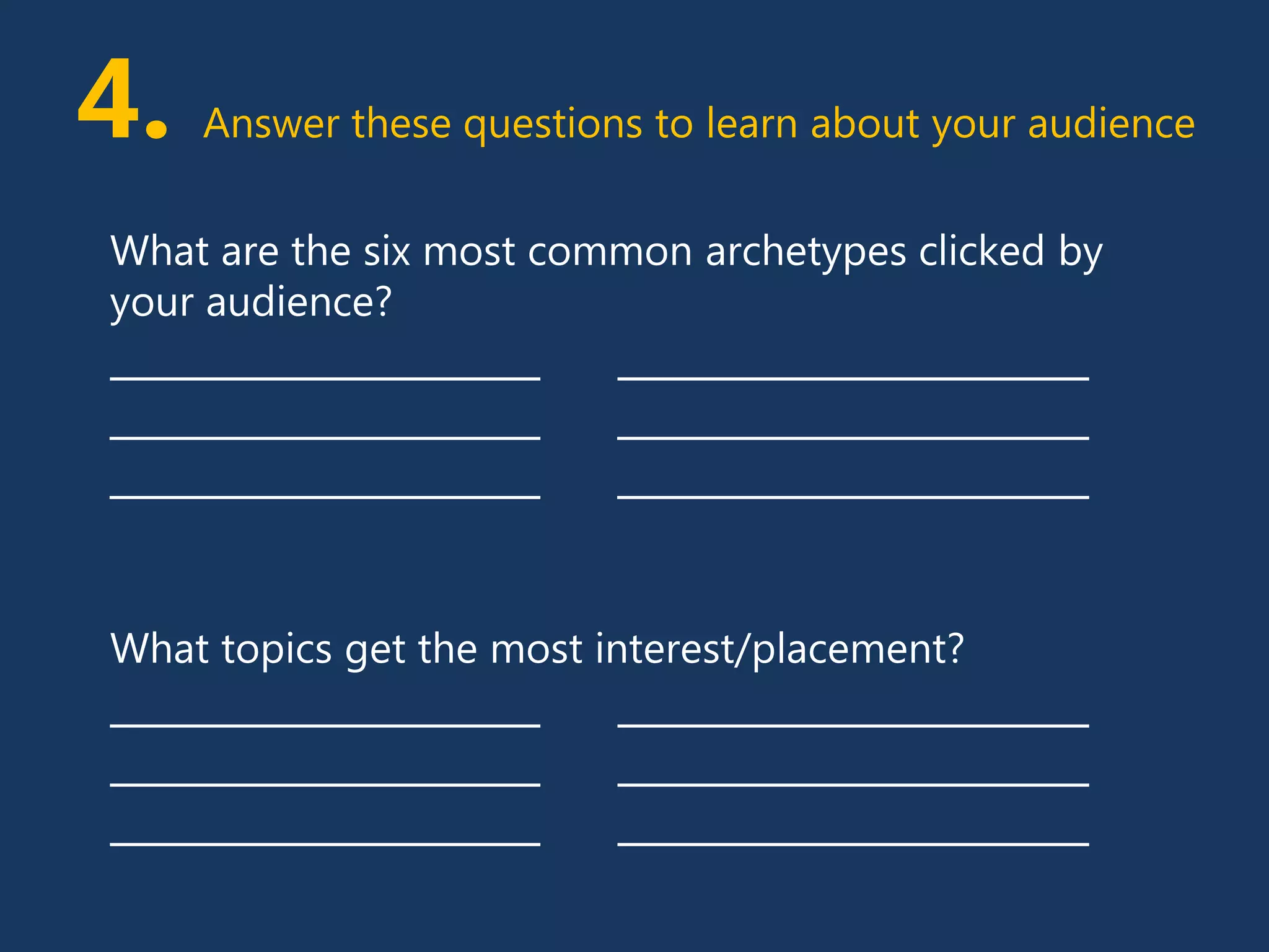 4. Answer these questions to learn about your audience
What are the six most common archetypes clicked by
your audience?
_____________________ _______________________
_____________________ _______________________
_____________________ _______________________
What topics get the most interest/placement?
_____________________ _______________________
_____________________ _______________________
_____________________ _______________________
 