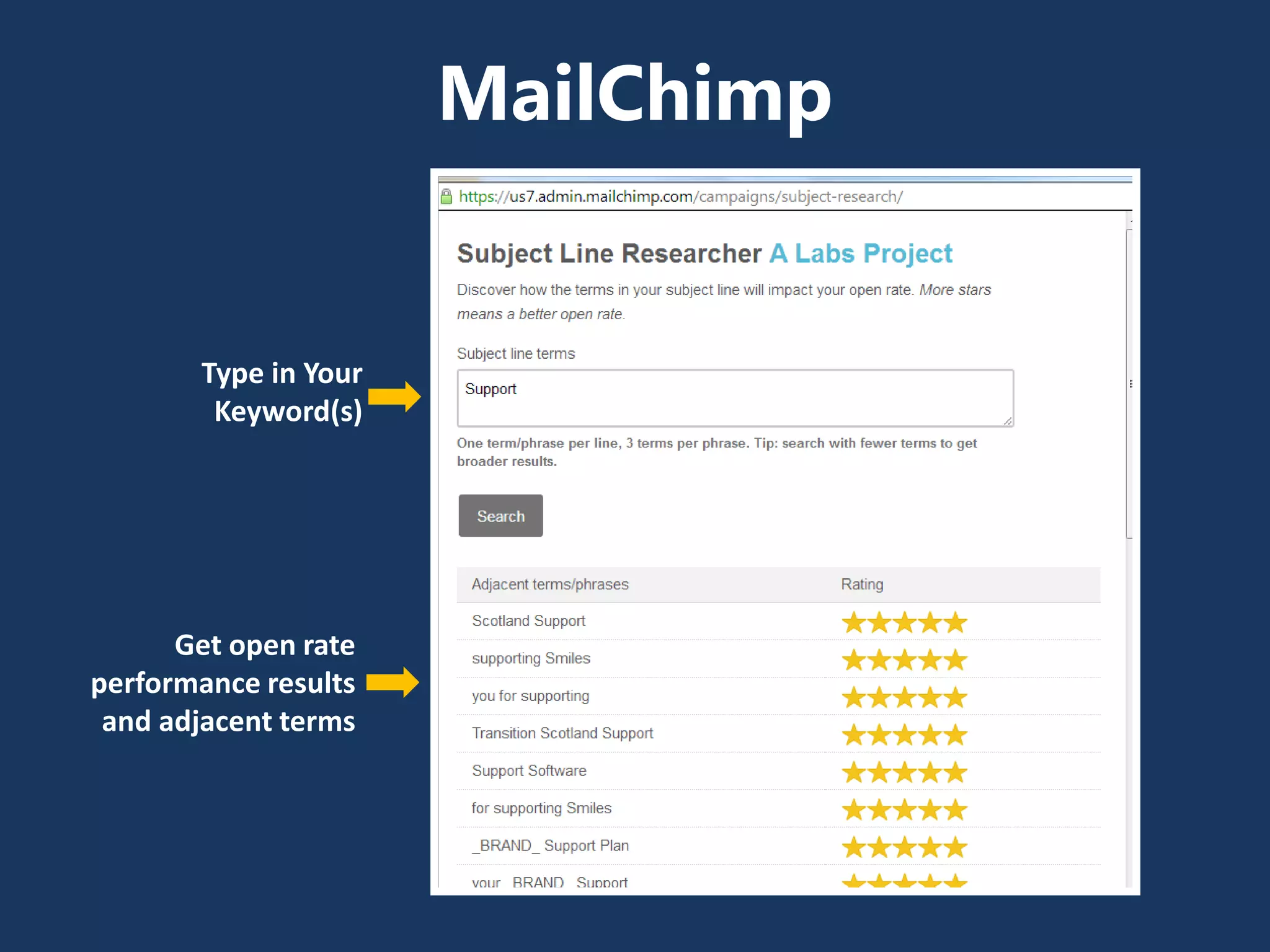 Type in Your
Keyword(s)
Get open rate
performance results
and adjacent terms
MailChimp
 