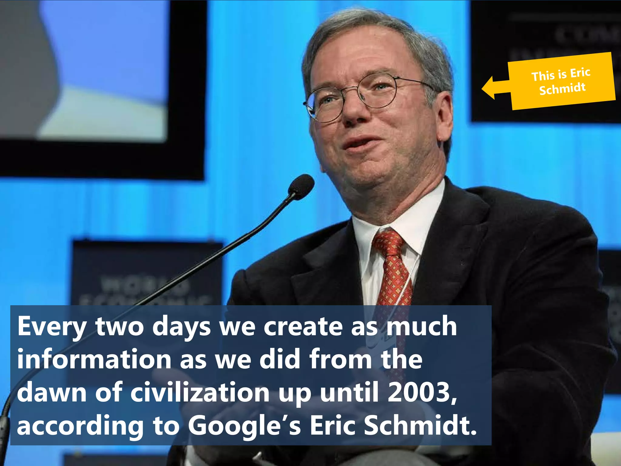 Every two days we create as much
information as we did from the
dawn of civilization up until 2003,
according to Google’s Eric Schmidt.
 