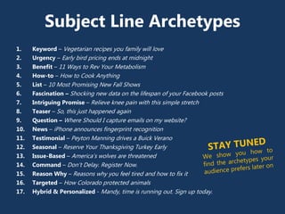 Subject Line Archetypes
1. Keyword – Vegetarian recipes you family will love
2. Urgency – Early bird pricing ends at midni...