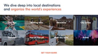 6
We dive deep into local destinations
and organize the world’s experiences
Day tripsDay trips Walking tours Attractions City cruises
Transfers Hop-on hop-off Multi-day tours Events
 