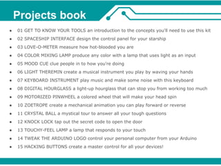 Projects book 
● 01 GET TO KNOW YOUR TOOLS an introduction to the concepts you'll need to use this kit 
● 02 SPACESHIP INTERFACE design the control panel for your starship 
● 03 LOVE-O-METER measure how hot-blooded you are 
● 04 COLOR MIXING LAMP produce any color with a lamp that uses light as an input 
● 05 MOOD CUE clue people in to how you're doing 
● 06 LIGHT THEREMIN create a musical instrument you play by waving your hands 
● 07 KEYBOARD INSTRUMENT play music and make some noise with this keyboard 
● 08 DIGITAL HOURGLASS a light-up hourglass that can stop you from working too much 
● 09 MOTORIZED PINWHEEL a colored wheel that will make your head spin 
● 10 ZOETROPE create a mechanical animation you can play forward or reverse 
● 11 CRYSTAL BALL a mystical tour to answer all your tough questions 
● 12 KNOCK LOCK tap out the secret code to open the door 
● 13 TOUCHY-FEEL LAMP a lamp that responds to your touch 
● 14 TWEAK THE ARDUINO LOGO control your personal computer from your Arduino 
● 15 HACKING BUTTONS create a master control for all your devices! 
 