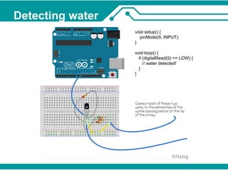 Detecting water 
void setup() { 
pinMode(9, INPUT); 
} 
void loop() { 
if (digitalRead(9) == LOW) { 
// water detected! 
} 
} 
 