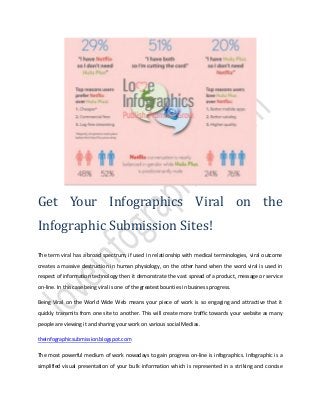 Get Your Infographics Viral on the
Infographic Submission Sites!
The term viral has a broad spectrum, if used in relationship with medical terminologies, viral outcome
creates a massive destruction in human physiology, on the other hand when the word viral is used in
respect of information technology then it demonstrate the vast spread of a product, message or service
on-line. In this case being viral is one of the greatest bounties in business progress.
Being Viral on the World Wide Web means your piece of work is so engaging and attractive that it
quickly transmits from one site to another. This will create more traffic towards your website as many
people are viewing it and sharing your work on various social Medias.
theinfographicsubmission.blogspot.com
The most powerful medium of work nowadays to gain progress on-line is infographics. Infographic is a
simplified visual presentation of your bulk information which is represented in a striking and concise
 