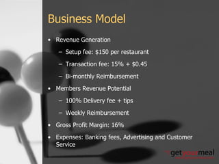 Business Model Revenue Generation Setup fee: $150 per restaurant Transaction fee: 15% + $0.45 Bi-monthly Reimbursement Members Revenue Potential 100% Delivery fee + tips Weekly Reimbursement Gross Profit Margin: 16% Expenses: Banking fees, Advertising and Customer Service 