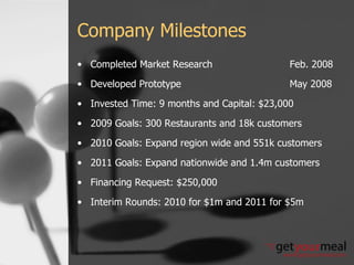 Company Milestones Completed Market Research Feb. 2008 Developed Prototype  May 2008 Invested Time: 9 months and Capital: $23,000 2009 Goals: 300 Restaurants and 18k customers 2010 Goals: Expand region wide and 551k customers 2011 Goals: Expand nationwide and 1.4m customers Financing Request: $250,000 Interim Rounds: 2010 for $1m and 2011 for $5m 
