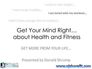 Get Your Mind Right…
about Health and Fitness
GET MORE FROM YOUR LIFE…
Presented by Donald Shrump
 