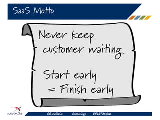 @ExcellaCo @onek2go @FadiStephan
SaaS Motto
Never keep
customer waiting
Start early
= Finish early
 