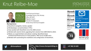 Knut Relbe-Moe
My Experience:
 SharePoint evangelist, mentor, speaker
 Old developer, turned Architect / ITPro
 Have worked with SharePoint since the 2003 version.
 Worked with several clients upgrading their solution from 2007/2010 to 2013.
 Works as a Lead Architect and advisor creating SharePoint Farm
architecture/infrastructure on many projects. With up to 25.000 users.
 Worked with automating the installation and configuration of SharePoint.
Chief TechnicalArchitect
Knowledge Factory,Oslo, Norway
Office365 MVP
Migration Expert
Educator forGlasspaper
Nintex VirtualTechnicalEvangelist
Knut.Relbe-
moe@knowledgefa
ctory.no
http://www.sharepointblog.no@shareptkarm +47 982 24 609
 