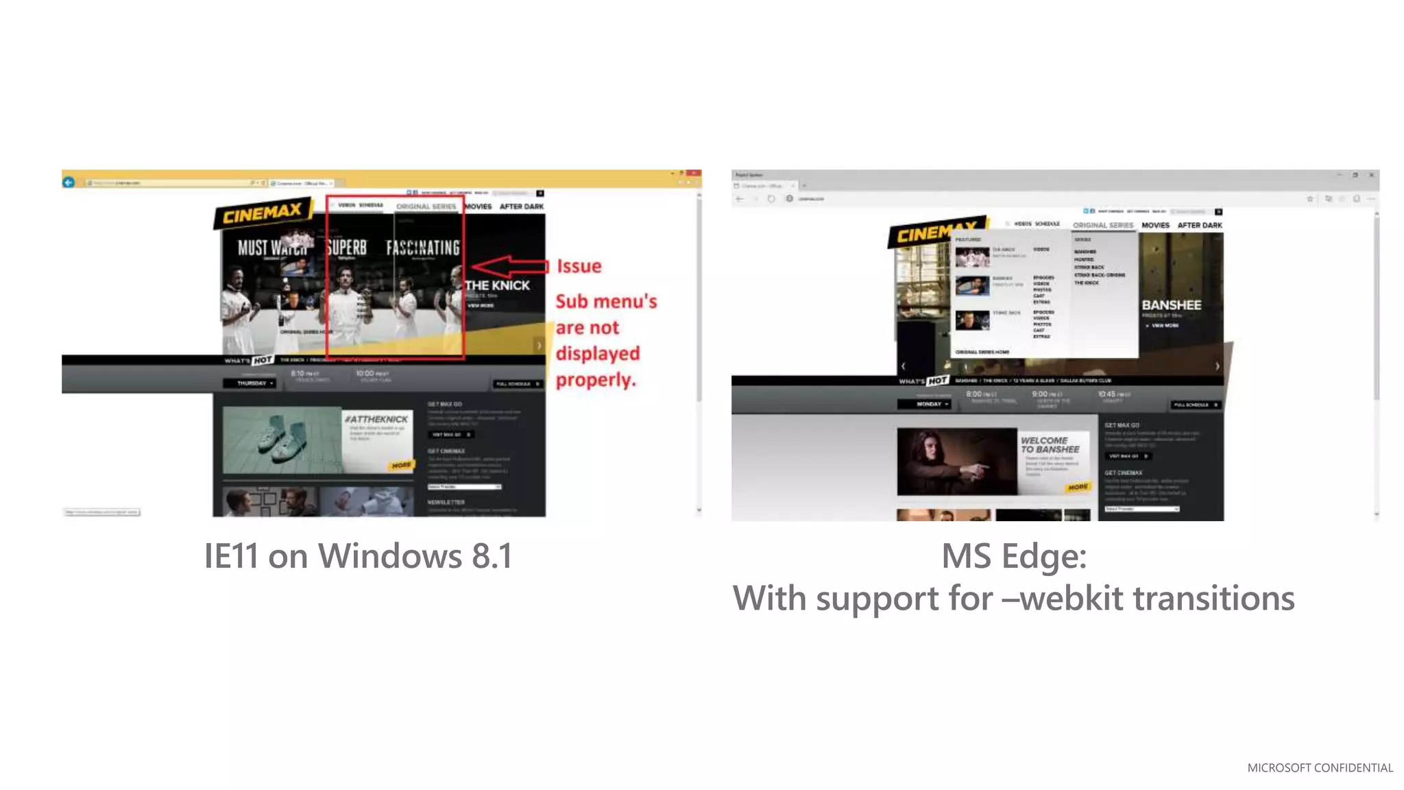 MICROSOFT CONFIDENTIAL
IE11 on Windows 8.1 MS Edge:
With support for –webkit transitions
 