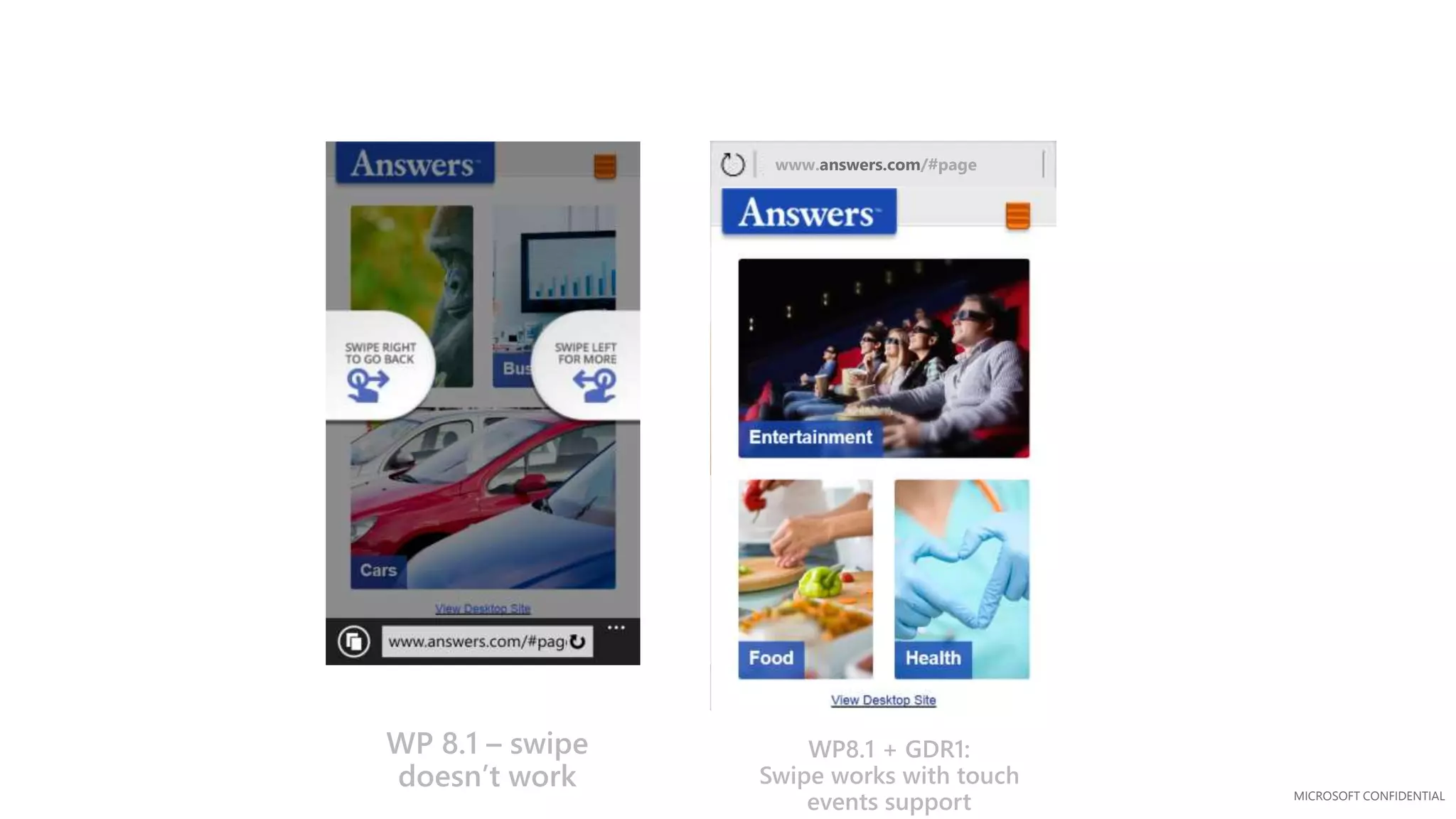 MICROSOFT CONFIDENTIAL
www.answers.com/#page
WP 8.1 – swipe
doesn’t work
WP8.1 + GDR1:
Swipe works with touch
events support
 