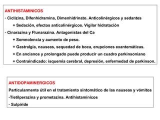 ANTIHISTAMINICOS 
- Ciclizina, Difenhidramina, Dimenhidrinato. Anticolinérgicos y sedantes 
+ Sedación, efectos anticolinérgicos. Vigilar hidratación 
- Cinarazina y Flunarazina. Antagonistas del Ca 
+ Somnolencia y aumento de peso. 
+ Gastralgia, nauseas, sequedad de boca, erupciones exantemáticas. 
+ En ancianos y prolongado puede producir un cuadro parkinsoniano 
+ Contraindicado: isquemia cerebral, depresión, enfermedad de parkinson. 
ANTIDOPAMINERGICOS 
Particularmente útil en el tratamiento sintomático de las nauseas y vómitos 
-Tietilperazina y prometazina. Antihistamínicos 
- Sulpiride 
 