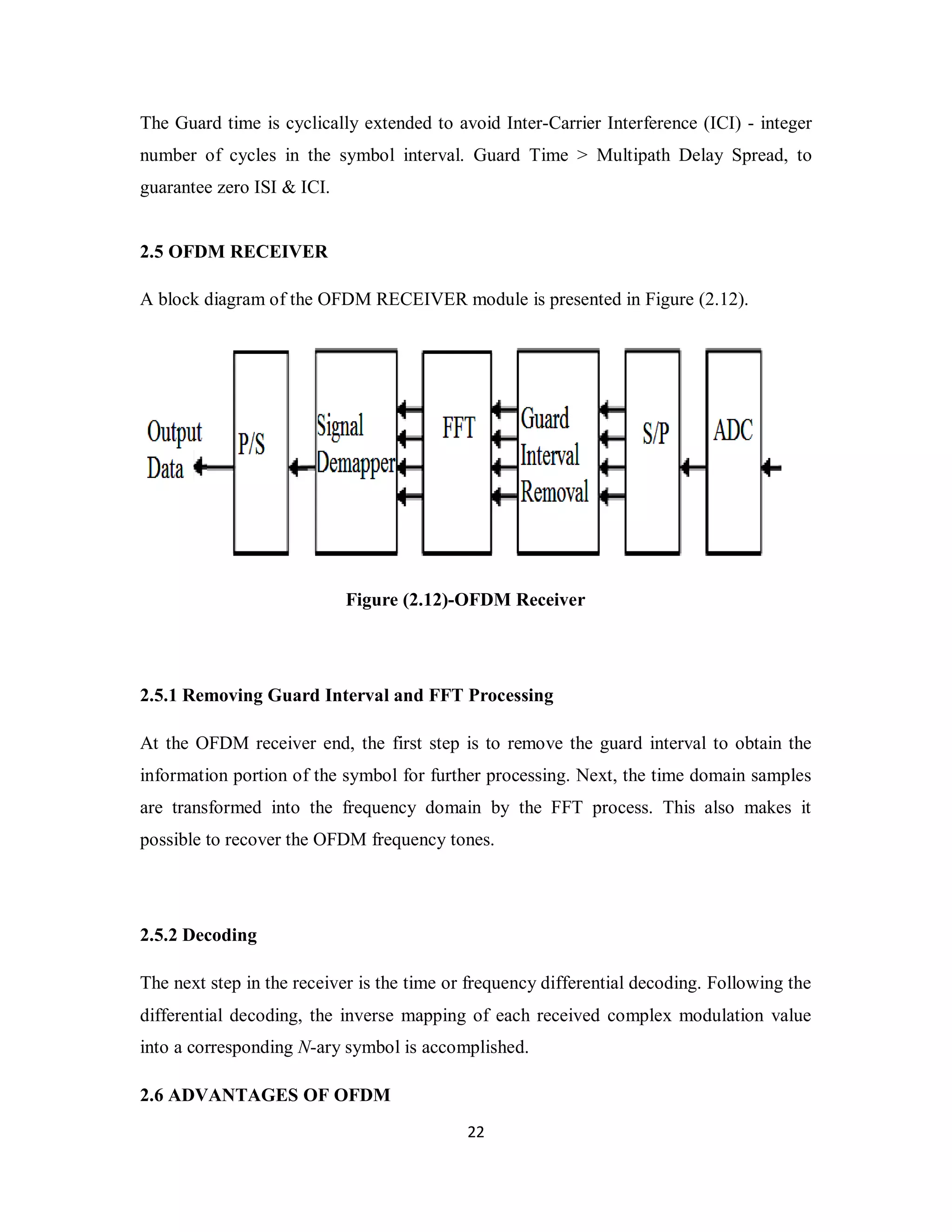 The Guard time is cyclically extended to avoid Inter-Carrier Interference (ICI) - integer 
number of cycles in the symbol interval. Guard Time > Multipath Delay Spread, to 
guarantee zero ISI & ICI. 
2.5 OFDM RECEIVER 
A block diagram of the OFDM RECEIVER module is presented in Figure (2.12). 
Figure (2.12)-OFDM Receiver 
2.5.1 Removing Guard Interval and FFT Processing 
At the OFDM receiver end, the first step is to remove the guard interval to obtain the 
information portion of the symbol for further processing. Next, the time domain samples 
are transformed into the frequency domain by the FFT process. This also makes it 
possible to recover the OFDM frequency tones. 
2.5.2 Decoding 
The next step in the receiver is the time or frequency differential decoding. Following the 
differential decoding, the inverse mapping of each received complex modulation value 
into a corresponding N-ary symbol is accomplished. 
2.6 ADVANTAGES OF OFDM 
2 2 
 