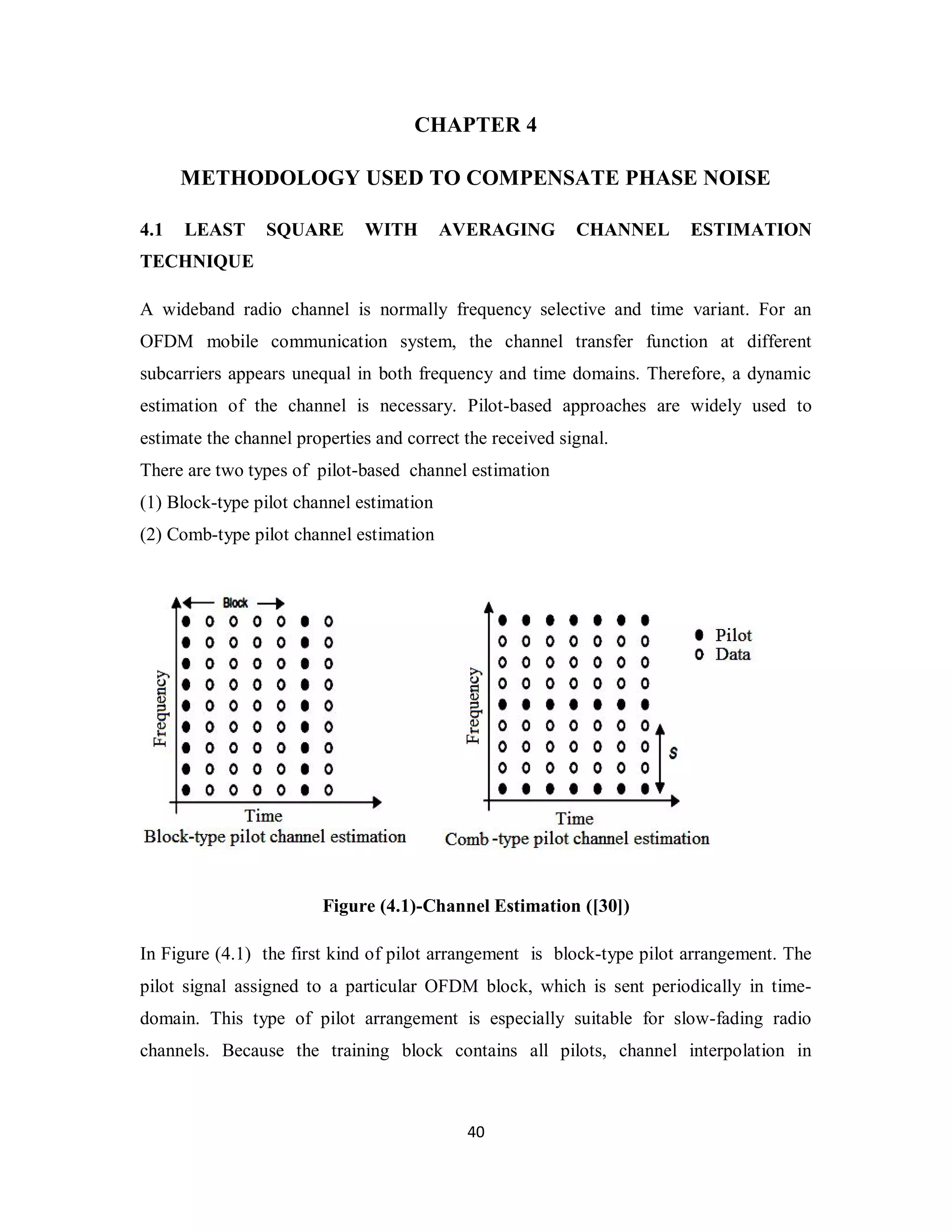 CHAPTER 4 
METHODOLOGY USED TO COMPENSATE PHASE NOISE 
4.1 LEAST SQUARE WITH AVERAGING CHANNEL ESTIMATION 
TECHNIQUE 
A wideband radio channel is normally frequency selective and time variant. For an 
OFDM mobile communication system, the channel transfer function at different 
subcarriers appears unequal in both frequency and time domains. Therefore, a dynamic 
estimation of the channel is necessary. Pilot-based approaches are widely used to 
estimate the channel properties and correct the received signal. 
There are two types of pilot-based channel estimation 
(1) Block-type pilot channel estimation 
(2) Comb-type pilot channel estimation 
Figure (4.1)-Channel Estimation ([30]) 
In Figure (4.1) the first kind of pilot arrangement is block-type pilot arrangement. The 
pilot signal assigned to a particular OFDM block, which is sent periodically in time-domain. 
This type of pilot arrangement is especially suitable for slow-fading radio 
channels. Because the training block contains all pilots, channel interpolation in 
4 0 
 
