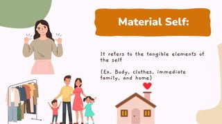Material Self:
It refers to the tangible elements of
the self
(Ex. Body, clothes, immediate
family, and home)
 
