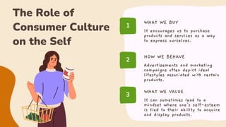 The Role of
Consumer Culture
on the Self
1
2
3
It encourages us to purchase
products and services as a way
to express ourselves.
Advertisements and marketing
campaigns often depict ideal
lifestyles associated with certain
products.
It can sometimes lead to a
mindset where one's self-esteem
is tied to their ability to acquire
and display products.
WHAT WE BUY
HOW WE BEHAVE
WHAT WE VALUE
 