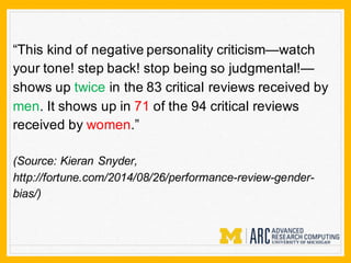 “This kind of negative personality criticism—watch
your tone! step back! stop being so judgmental!—
shows up twice in the 83 critical reviews received by
men. It shows up in 71 of the 94 critical reviews
received by women.”
(Source: Kieran Snyder,
http://fortune.com/2014/08/26/performance-review-gender-
bias/)
 