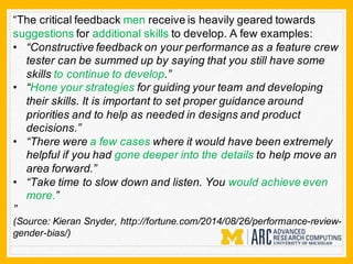 “The critical feedback men receive is heavily geared towards
suggestions for additional skills to develop. A few examples:
• “Constructive feedback on your performance as a feature crew
tester can be summed up by saying that you still have some
skills to continue to develop.”
• “Hone your strategies for guiding your team and developing
their skills. It is important to set proper guidance around
priorities and to help as needed in designs and product
decisions.”
• “There were a few cases where it would have been extremely
helpful if you had gone deeper into the details to help move an
area forward.”
• “Take time to slow down and listen. You would achieve even
more.”
”
(Source: Kieran Snyder, http://fortune.com/2014/08/26/performance-review-
gender-bias/)
 