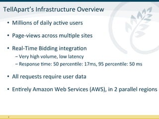 TellApart’s	
  Infrastructure	
  Overview	
  
 •  Millions	
  of	
  daily	
  acIve	
  users	
  

 •  Page-­‐views	
  across	
  mulIple	
  sites	
  

 •  Real-­‐Time	
  Bidding	
  integraIon	
  
          - Very	
  high	
  volume,	
  low	
  latency	
  
          - Response	
  Ime:	
  50	
  percenIle:	
  17ms,	
  95	
  percenIle:	
  50	
  ms	
  	
  

 •  All	
  requests	
  require	
  user	
  data	
  

 •  EnIrely	
  Amazon	
  Web	
  Services	
  (AWS),	
  in	
  2	
  parallel	
  regions	
  



  2	
  
 
