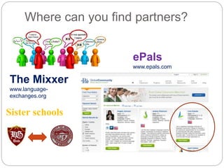 Where can you find partners? 
The Mixxer 
www.language-exchanges. 
org 
ePals 
www.epals.com 
Sister schools 
 