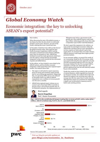 Global Economy Watch
Economic integration: the key to unlocking
ASEAN’s export potential?
Fig 1: ASEAN is the world’s fourth largest trading bloc in terms of GDP, with a value of $2.7
trillion. ASEAN is behind only NAFTA, the EU, and MERCOSUR.
Visit our blog for periodic updates at:
pwc.blogs.com/economics_in_business
Kind regards
Barret Kupelian
PwC | Senior Economist
October 2017
Sources: PwC analysis, IMF
$0.8 tn
$2.7 tn
$2.9 tn
$16 tn
$22 tn
$0 $5 $10 $15 $20 $25
Gross domestic product at current prices (2017 estimate), USD trillion
NAFTA
(North America)
EU
(European Union)
MERCOSUR
(Argentina, Brazil,
Paraguay, Uruguay)
AFTA
(ASEAN)
COMESA
(Eastern & Southern
Africa)
Dear readers,
When discussing the state of the global economy, a
key theme has been the slow-down in world trade
growth in recent years. However, one part of the
world is defying this trend—South East Asia.
In November, South East Asia will be at the front of
the global economic stage, when both the Asia-
Pacific Economic Cooperation (APEC) and the
Association of South East Asian Nations (ASEAN)
meet. Since its formation in 1967, ASEAN has
facilitated several free trade agreements which have
seen the region’s nations become increasingly
integrated, as they work towards the free movement
of goods and skilled labour.
In this edition, we have looked in more detail at the
ASEAN nations, and how further economic
integration could expand their intra-regional export
market. Our analysis shows that:
• The region is well suited to export expansion,
given its strong and consistent output growth
and its vast working age population. Supporting
this, our upcoming APEC survey to be released
in November shows over 88% of ASEAN
respondents were confident of revenue growth
over the next 12 months.
• ASEAN intra-regional export volumes are on
course to grow from $330 billion currently to
$375 by 2025 (1.5% p/annum growth rate). If,
for illustrative purposes, the implementation of
‘Blueprint 2025’ led to a 1pp increase in the
growth rate, intra-ASEAN exports could reach
$410 billion. Achieving growth of near this order
is dependent upon further trade liberalisation.
We don’t expect this expansion to be uniform—as
some of the less developed economies within the
ASEAN bloc and those that are more specialised in
services exports are better placed to grow their
export share. To maximise their own trade volumes,
ASEAN exporters could target these higher growth
potential markets.
In our economic update, we present the results of
our ‘nowcasting’ model for the US economy which
was constructed using the same approach as for the
UK GDP nowcasting model set out in our July UK
Economic Outlook. For the US, we project GDP to
expand by 2.2% this year, faster than the 1.5%
growth registered last year but still relatively modest
by pre-crisis standards.
Finally this month we have looked at the economics
of natural disasters, which tragically have been all
too frequent recently. Our analysis shows that such
disasters do appear to be occurring more often on
average since the late 1990s than in earlier decades,
although their impact can sometimes be mitigated to
a degree now by preventative measures such as
better early warning systems.
 
