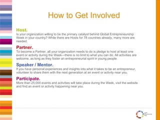 How to Get Involved Host. Is your organization willing to be the primary catalyst behind Global Entrepreneurship Week in your country? While there are Hosts for 78 countries already, many more are needed. Partner. To become a Partner, all your organization needs to do is pledge to host at least one event or activity during the Week—there is no limit to what you can do. All activities are welcome, as long as they foster an entrepreneurial spirit in young people. Speaker / Mentor. If you have personal experiences and insights into what it takes to be an entrepreneur, volunteer to share them with the next generation at an event or activity near you. Participate.   More than 25,000 events and activities will take place during the Week, visit the website and find an event or activity happening near you.   
