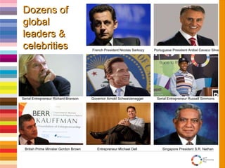 ------------------------------------------   French President Nicolas Sarkozy  Portuguese President Anibal Cavaco Silva Serial Entrepreneur Richard Branson   Governor Arnold Schwarzenegger  Serial Entrepreneur Russell Simmons British Prime Minister Gordon Brown   Entrepreneur Michael Dell  Singapore President S.R. Nathan Dozens of global leaders & celebrities 