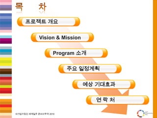 프로젝트개요예상 기대효과Vision & Mission연 락 처Program 소개주요 일정계획목      차