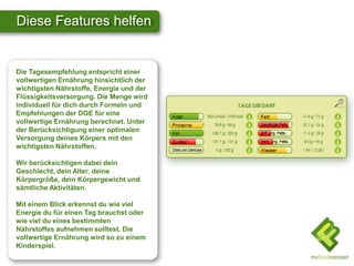 Diese Features helfen
Die Tagesempfehlung entspricht einer
vollwertigen Ernährung hinsichtlich der
wichtigsten Nährstoffe, Energie und der
Flüssigkeitsversorgung. Die Menge wird
individuell für dich durch Formeln und
Empfehlungen der DGE für eine
vollwertige Ernährung berechnet. Unter
der Berücksichtigung einer optimalen
Versorgung deines Körpers mit den
wichtigsten Nährstoffen.
Wir berücksichtigen dabei dein
Geschlecht, dein Alter, deine
Körpergröße, dein Körpergewicht und
sämtliche Aktivitäten.
Mit einem Blick erkennst du wie viel
Energie du für einen Tag brauchst oder
wie viel du eines bestimmten
Nährstoffes aufnehmen solltest. Die
vollwertige Ernährung wird so zu einem
Kinderspiel.
 