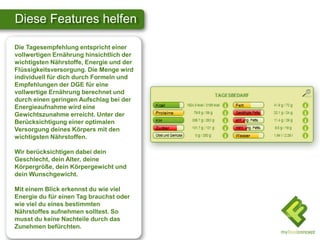 Diese Features helfen

Die Tagesempfehlung entspricht einer
vollwertigen Ernährung hinsichtlich der
wichtigsten Nährstoffe, Energie und der
Flüssigkeitsversorgung. Die Menge wird
individuell für dich durch Formeln und
Empfehlungen der DGE für eine
vollwertige Ernährung berechnet und
durch einen geringen Aufschlag bei der
Energieaufnahme wird eine
Gewichtszunahme erreicht. Unter der
Berücksichtigung einer optimalen
Versorgung deines Körpers mit den
wichtigsten Nährstoffen.

Wir berücksichtigen dabei dein
Geschlecht, dein Alter, deine
Körpergröße, dein Körpergewicht und
dein Wunschgewicht.

Mit einem Blick erkennst du wie viel
Energie du für einen Tag brauchst oder
wie viel du eines bestimmten
Nährstoffes aufnehmen solltest. So
musst du keine Nachteile durch das
Zunehmen befürchten.
 
