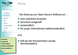 Thesen eine natürliche Evolution technisch ausgereift wirtschaftlich für junge Unternehmen selbstverständlich und hilft bei der Konzentration auf die Kernkompetenz Die Nutzung von Open Source Software ist … Evolution ausgereift wirtschaftlich selbstverständlich Kernkompetenz 