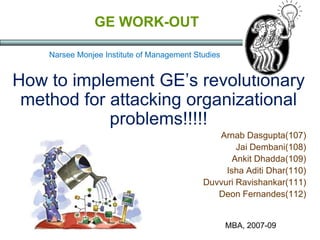 GE WORK-OUT

    Narsee Monjee Institute of Management Studies


How to implement GE‘s revolutionary
 method for attacking organizational
            problems!!!!!
                                               Arnab Dasgupta(107)
                                                    Jai Dembani(108)
                                                   Ankit Dhadda(109)
                                                 Isha Aditi Dhar(110)
                                            Duvvuri Ravishankar(111)
                                               Deon Fernandes(112)


                                                    MBA, 2007-09
 