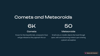 Comets and Meteoroids
6K
Comets
Known for their beautiful tails, composed of dust
and gas released as they approach the sun
50
Meteoroids
Small rocky or metallic objects that travel through
space, with some becoming meteors upon entering
a planet's atmosphere
 