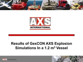 Results of GexCON AXS Explosion
Simulations In a 1.2 m3 Vessel
 