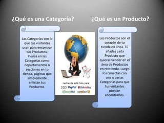 ¿Qué es una Categoría?¿Qué es un Producto?Las Categorías son lo que tus visitantes usan para encontrar tus Productos. Piensa en las Categorías como departamentos o secciones en tu tienda, páginas que simplemente enlistan tus Productos. Los Productos son el corazón de tu tienda en línea. Tú añades cada Producto que quieras vender en el área de Productos en redtienda. Luego los conectas con una o varias Categorías para que tus visitantes puedan encontrarlos. 