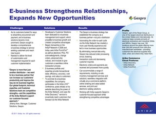 E-business Strengthens Relationships,
    Expands New Opportunities
    Challenges                                     Solutions                               Results
                                                                                                                                     Profile
•   As its customers looked for ways           •   Developed a Customer Solutions      •   The Gexpro e-business strategy has        Gexpro, part of the Rexel Group, is
    to streamline procurement and                  team dedicated to e-business            established the company as a              one of the largest electrical distributors in
    payment, and e-business                        management and support, which           business partner—not just a distributor   the United States and internationally. Its
                                                                                                                                     customer base consists primarily of
    solutions became more                          propelled e-business growth and     •   Automating the order-to-cash cycle        electrical contractors and industrial OEMs
    prominent, Gexpro sought to                    created competitive advantages          via the Ariba Network has created a       and MROs. Gexpro has over 150
    develop a comprehensive                    •   Began transacting on the                more user-friendly experience and         locations around the globe offering more
    e-business strategy to service                 Ariba® Network in 2006 and              led to more business opportunities        than 250,000 products from 200-plus
                                                                                                                                     manufacturers worldwideproviding
    existing customers and reach                   today uses Ariba PunchOut™
                                                                                       •   By eliminating manual data entry,         customers the electrical supplies they
    new buyers                                     as well as electronic POs, PO
                                                                                           Gexpro has reduced order processing       need, when and where they need them.
•   Needed to deliver the level                    acknowledgments, change
                                                                                           errors, lowering
    of customization and                           orders, advanced ship                                                             Ariba Commerce
                                                                                           transaction costs and decreasing
    management required for each                   notices, and invoices to give                                                     Cloud Features
                                                                                           customer inquiries                        • Ariba Discovery
    customer implementation                        customers a seamless online
                                                   transaction process                 •   Electronic orders and payments are        • Ariba Network
                                                                                           received and processed more quickly       • Ariba PunchOut
“Gexpro is more than just
                                               •   E-business portfolio and
                                                   expertise provide transactional     •   Can accommodate a range of
 another distributorwe want                                                               requirements, including on-site
                                                   ease, efficiency, accuracy, cost
 to be a business partner that                                                             inventory management services and
                                                   savings, and value to customers
 can increase our customers’
 productivity and improve the
                                               •   To promote its e-business               solutions, seamless integration with
                                                   capabilities, the company               virtually any e-commerce platform,
 way we do business together.                                                              online ordering and value-added
                                                   participates in the Ariba LIVE™
 Our global footprint, technical                                                           services, and print and
                                                   conference, posts articles on its
 expertise, and Customer                                                                   electronic catalog solutions
                                                   website describing the power of
 Solutions team are competitive
 strengths—and the capabilities
                                                   the Ariba Network, and uses the     •   Working with Ariba supports Gexpro’s
                                                   Ariba Discovery™ service to             customer-focused approach while
 of the Ariba Network support
                                                   proactively reach customers that        strengthening competitive advantages
 our customer-focused
                                                   transact via the Ariba Network
 approach.”
 Jeremy Kren, Manager, Customer
 Solutions, Gexpro


     © 2011 Ariba, Inc. All rights reserved.
 