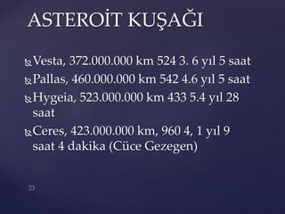 Vesta, 372.000.000 km 524 3. 6 yıl 5 saat
Pallas, 460.000.000 km 542 4.6 yıl 5 saat
Hygeia, 523.000.000 km 433 5.4 yıl 28
saat
Ceres, 423.000.000 km, 960 4, 1 yıl 9
saat 4 dakika (Cüce Gezegen)
ASTEROİT KUŞAĞI
 