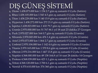  Dione 1.438.073.000 km 1 154 2.7 gün eş zamanlı 0 Uydu (Satürn)
 Rhea 1.438.105.000 km 1 543 4.5 gün eş zamanlı 0 Uydu (Satürn)
 Titan 1.438.229.000 km 5 140 15.9 gün eş zamanlı 0 Uydu (Satürn)
 Hyperion 1.438.272.000 km 272 21.0 gün eş zamanlı 0 Uydu (Satürn)
 İapetus 1.438.823.000 km 1 432 79.7 gün eş zamanlı 0 Uydu (Satürn)
 Uranüs 2.970.000.000 km 51 767 84.1 yıl 18 saat 23 dakika 27 Gezegen
 Puck 2.970.027.000 km 164 0.7 gün eş zamanlı 0 Uydu (Uranüs)
 Miranda 2.970.045.000 km 476 1.4 gün eş zamanlı 0 Uydu (Uranüs)
 Ariel 2.970.073.000 km 1 064 2.7 gün eş zamanlı 0 Uydu (Uranüs)
 Umbriel 2.970.104.000 km 1 142 4.4 gün eş zamanlı 0 Uydu (Uranüs)
 Titania 2.970.165.000 km 1 570 8.6 gün eş zamanlı 0 Uydu (Uranüs)
 Oberon 2.970.216.000 km 1 467 13.8 gün eş zamanlı 0 Uydu (Uranüs)
 Neptün 4.568.000.000 km 49 138 164.8 yıl 16 saat 28 dakika 14 Gezegen
 Proteus 4.568.039.000 km 423 1.1 gün eş zamanlı 0 Uydu (Neptün)
 Triton 4.568.120.000 km 2 700 6.1 gün eş zamanlı 0 Uydu (Neptün)
 Nereid 4.570.610.000 km 374 360 gün eş zamanlı 0 Uydu (Neptün)
DIŞ GÜNEŞ SİSTEMİ
 