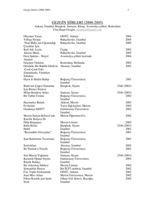 Gezgin Şiirleri (2000-2005) 2
GEZG N Ş RLER (2000-2005)
Ankara, stanbul, Bangkok, Samyan, Kleng, Avustralya çölleri, Rotterdam
Ulaş Başar Gezgin, ulasbasar@gmail.com
Okyanus Yazıtı ODTÜ, Ankara 2004
Yılbaşı Niraatı Bahçelievler, stanbul 2005
‘Noel Baba’nın Uğramadığı
Çocuklar çin
Bahçelievler, stanbul 2005
Kod Adı: Leyla Ürgüp 2002
Akarsu Marşı Bahçelievler, stanbul 2005
Gece Işıkları – Binyıl
Ateşleri
Avustralya çölleri üzerinde 2004
Göçmen Türküsü Rotterdam, Hollanda 2002
Ortodoks Bir Rahibe Derdi ki
-Çook Çook Eski
Zamanlarda, Yürürken
Sokakta-
Aksaray, stanbul 2001
Diyor ki Budist Rahip Boğaziçi Üniversitesi,
stanbul
2001
Buda’nın Çağcıl Zamanlar
çin Birinci Söylevi
Bangkok, Siyam 2546 (2003)
Milan Kundera Atlası Samyan, Siyam 2546 (2003)
Bir Tablet Üstüne Boğaziçi Üniversitesi,
stanbul
2002
Haymatlos Baladı Akkent, Mersin 2003
Fevkelale Toros dağ köyleri, Mersin 2002
Guadanya 040977 Galatasaray Üniversitesi,
stanbul
2002
Mersin talyan Kilisesi’nde
Katolik Burjuva le
Mersin Öğretmen Evi 2002
Ödip Kargaşası Mersin Limanı 2002
Baba klimi Bangkok, Siyam 2546 (2003)
Hubli stanbul 2001
“Resimdeki Gözyaşları” Boğaziçi Üniversitesi,
stanbul
2001
Saat Kulelerine Terzerima Boğaziçi Üniversitesi,
stanbul
2001
Sırılsıklam Aksaray, stanbul 2002
ki Nemrut’a Triyole Boğaziçi Üniversitesi,
stanbul
2001
Son Muson Yağmuru Samyan, Siyam 2546 (2003)
Karanlık Öpüşü Suyun:
Küçük Balıkçı
Galatasaray Üniversitesi,
stanbul
2001
Bir Arkeolog Jübilesi Mersin Limanı 2002
Şimendifer Hırsızı Bir ETT otobüsü, stanbul 2002
Cin, Toplu Sözleşmede ODTÜ, Ankara 2002
Joan Miro Atlası Mersin Üniversitesi, Mersin 2002
Fikret Kızılok için Şarkı
Sözü
Orhan Veli Şiirevi, Beyoğlu,
stanbul
2002
 