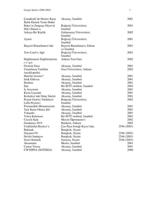 Gezgin Şiirleri (2000-2005) 3
Çanakkale’de Denize Karşı
Balık-Ekmek Yeme Hakkı
Aksaray, stanbul 2001
Bakır’ın Zangoçu Diyor ki
Dilci Hanım’a
Boğaziçi Üniversitesi,
stanbul
2001
Arkaya Bir Kişilik Galatasaray Üniversitesi,
stanbul
2002
Aynen Boğaziçi Üniversitesi,
stanbul
2001
Bayezit Bimarhanesi’nde Bayezit Bimarhanesi, Edirne
ve stanbul
2001
Toro Letal’a Ağıt Boğaziçi Üniversitesi,
stanbul
2001
Değillememi Değillemelisin
(~(~p))
Ankara Tren Garı 2002
Grotesk Gece Aksaray, stanbul 2001
Unutulmuş Varlıklar
Ansiklopedisi
Gazi Üniversitesi, Ankara 2002
Hatırlar mısınız? Aksaray, stanbul 2001
Islak Eldiven Aksaray, stanbul 2001
brahim Aksaray, stanbul 2001
lan Bir ETT otobüsü, stanbul 2002
ş Arıyorum Aksaray, stanbul 2001
Kesin Lazımdı Aksaray, stanbul 2001
Kızkalesi’nde Onüç skelet Aksaray, stanbul 2001
Peynir Gemisi Yürütüyor
Lafla Peynirci
Boğaziçi Üniversitesi,
stanbul
2002
Postanedeki Memuriyetim Aksaray, stanbul 2001
Tam Karar Olmaz Şiir Aksaray, stanbul 2001
Yokşarkı Aksaray, stanbul 2001
Yolcu Kalmasın Bir ETT otobüsü, stanbul 2001
Cırcırlı Kale Mersin Öğretmenevi 2002
Guadanya 2015 Batıkent, Ankara 2002
Uzaklardan Beykoz’a
Bakmak
Çao Paya Irmağı Kıyısı’nda,
Bangkok, Siyam
2546 (2003)
Göçmen Fil Bangkok, Siyam 2546 (2003)
Devlet Sanatçısı Bangkok, Siyam 2546 (2003)
Sizin Oralarda Samyan, Siyam 2546 (2003)
Aksamalar Merter, stanbul 2001
Canım Teresa Aksaray, stanbul 2001
CWTHPIA (SOTER A) Aksaray, stanbul 2000
 