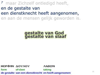 maar Zichzelf ontledigd heeft,
en de gestalte van
een dienstknecht heeft aangenomen,
en aan de mensen gelijk geworden is.
7

gestalte van God
gestalte van slaaf

15

 