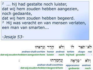 ... hij had gestalte noch luister,
dat wij hem zouden hebben aangezien,
noch gedaante,
dat wij hem zouden hebben begeerd.
3 Hij was veracht en van mensen verlaten,
een man van smarten...
2

-Jesaja 53-

20

 